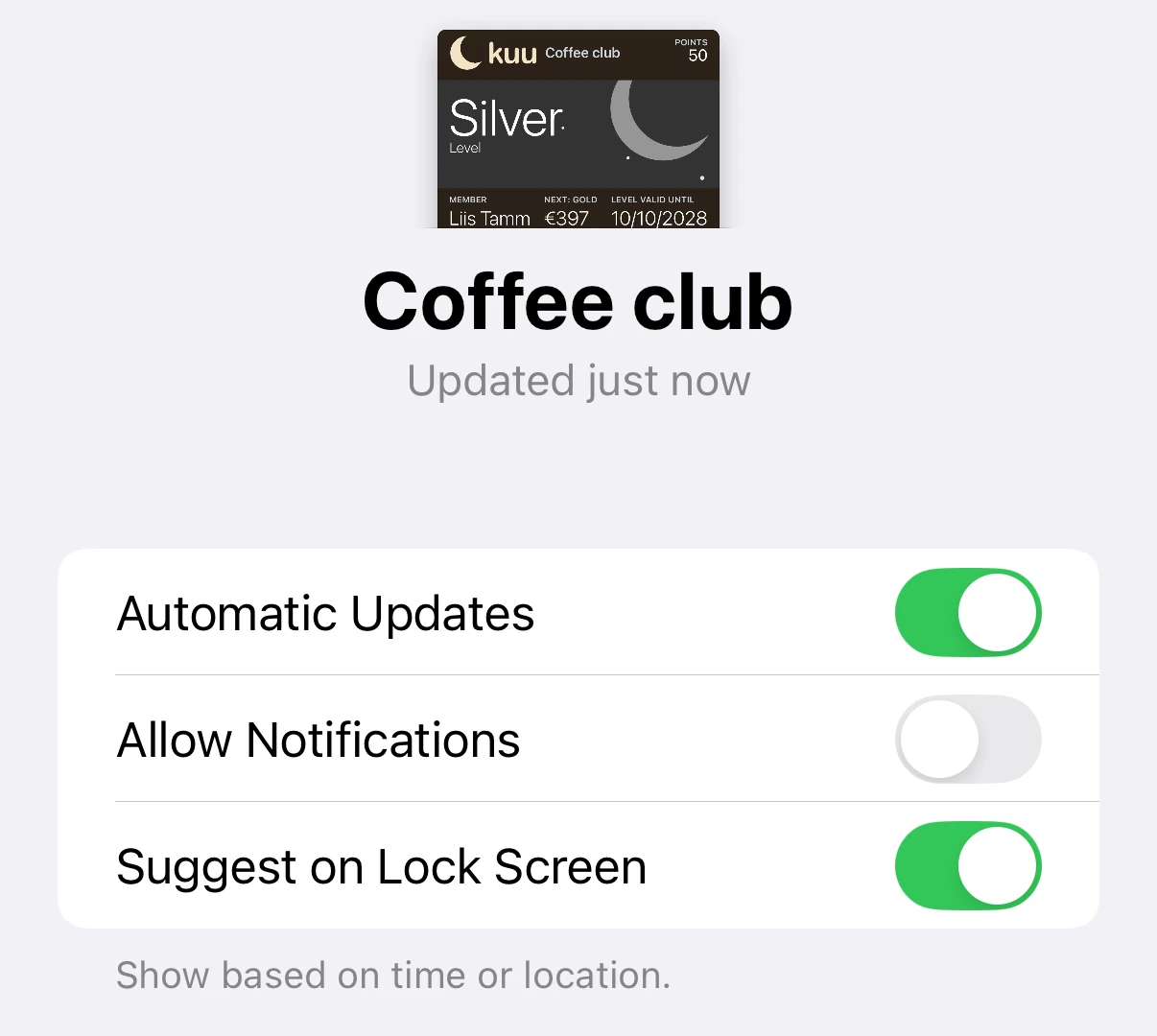 Card settings with notifications switched off