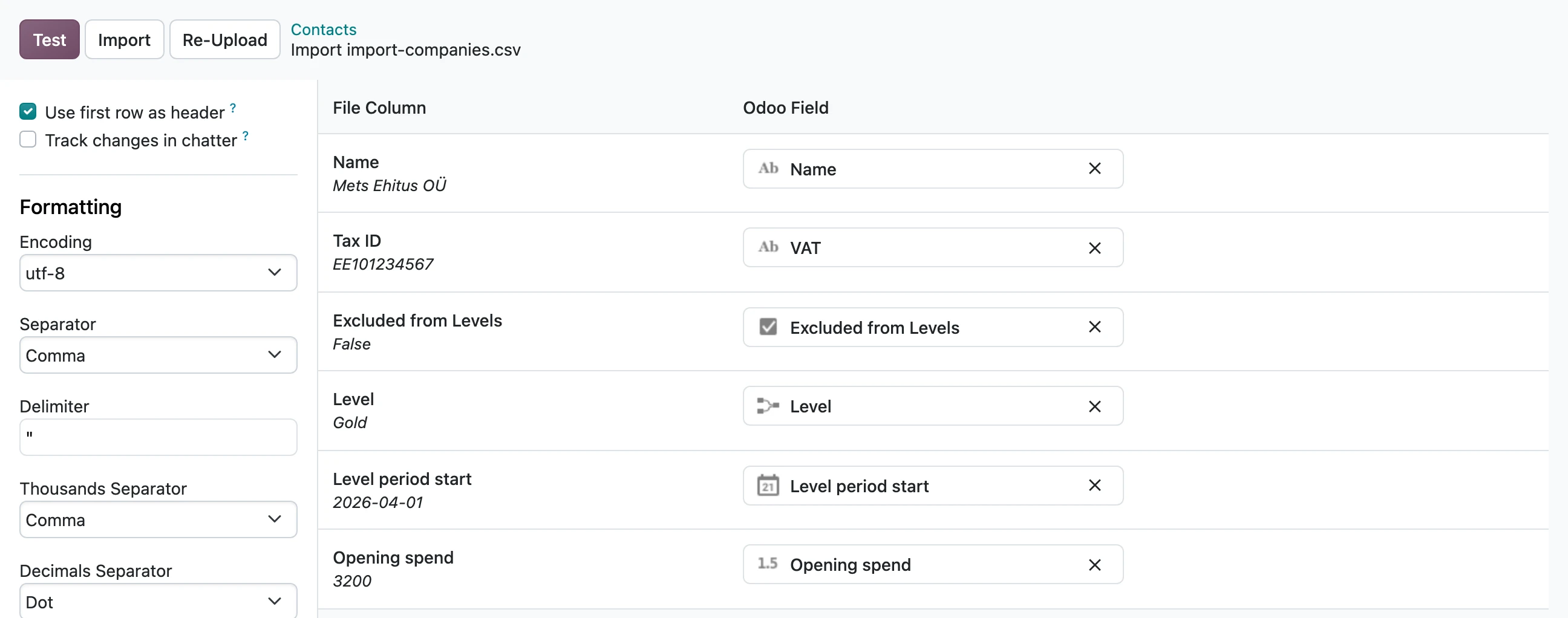 Import screen with the columns matched