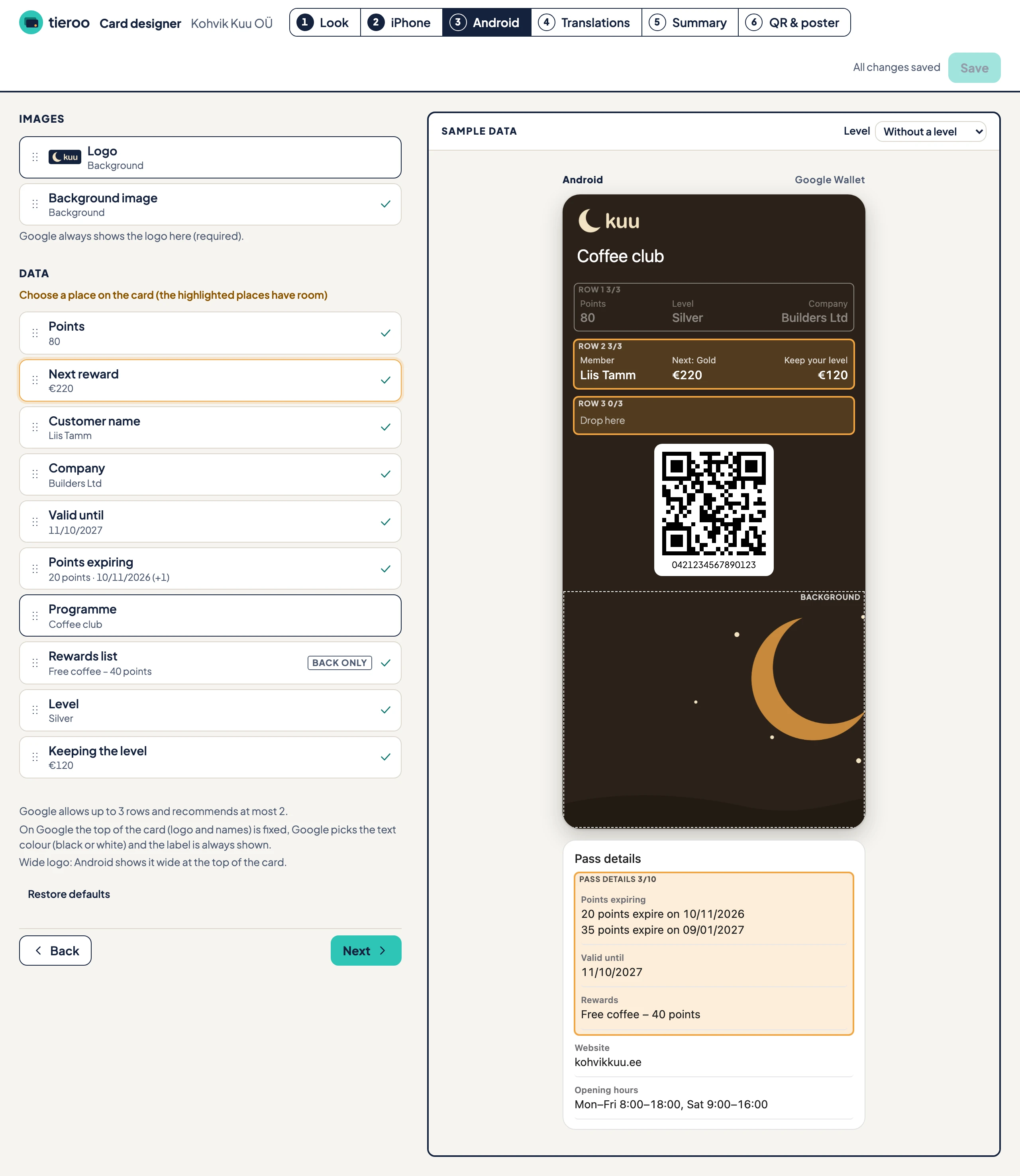 Placing a field on the Android card