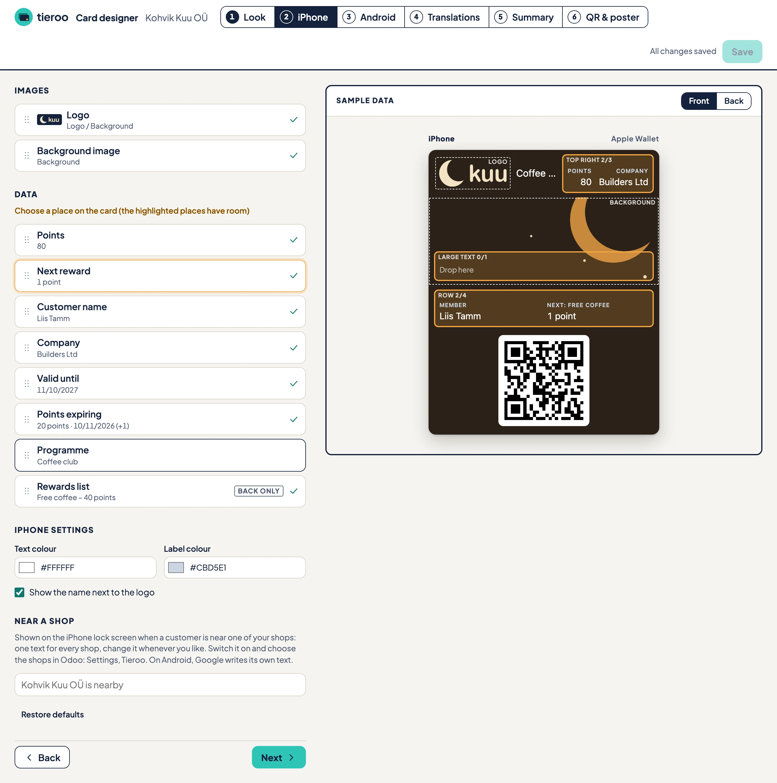 Placing a field on the iPhone card