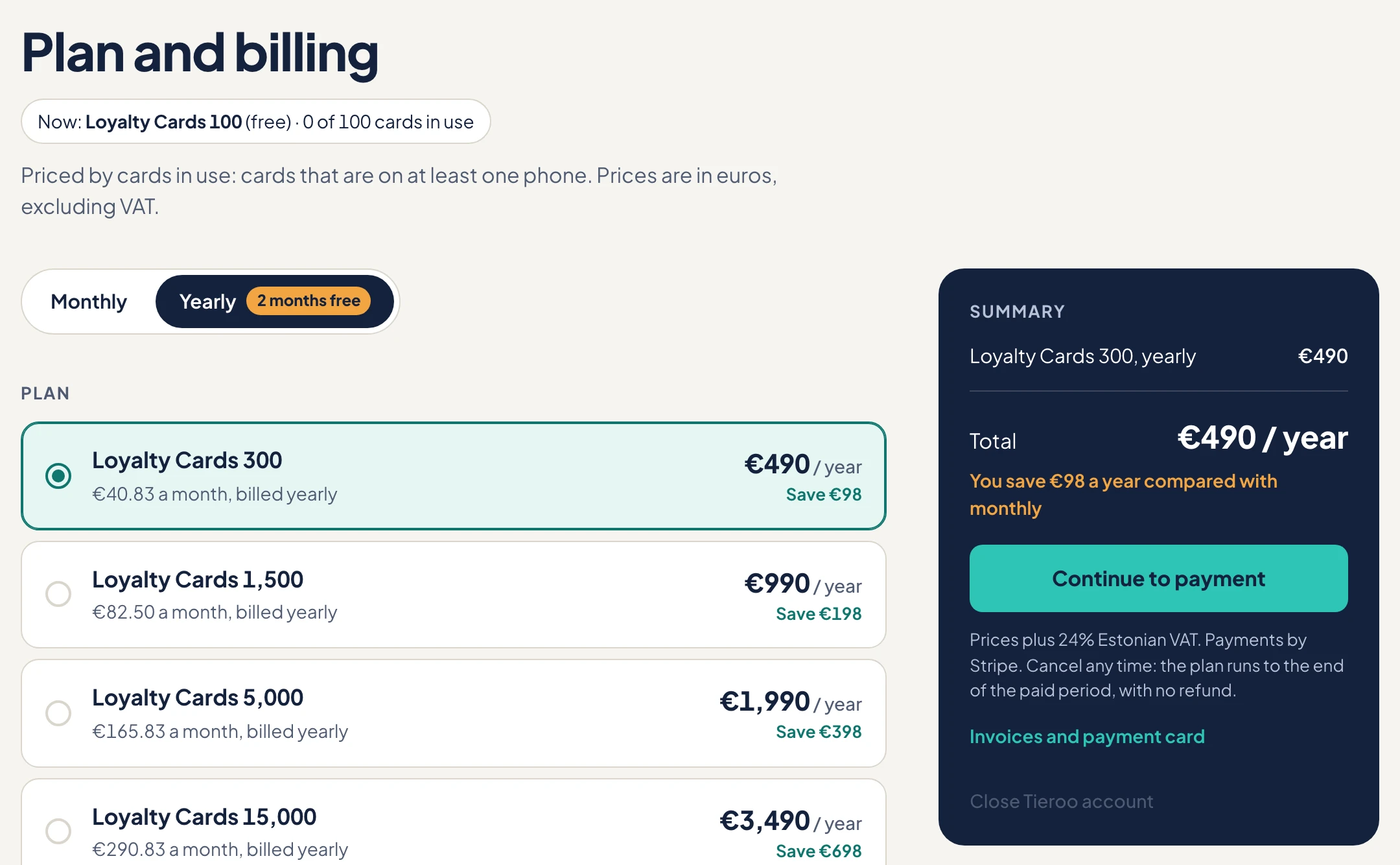 Plan and billing page