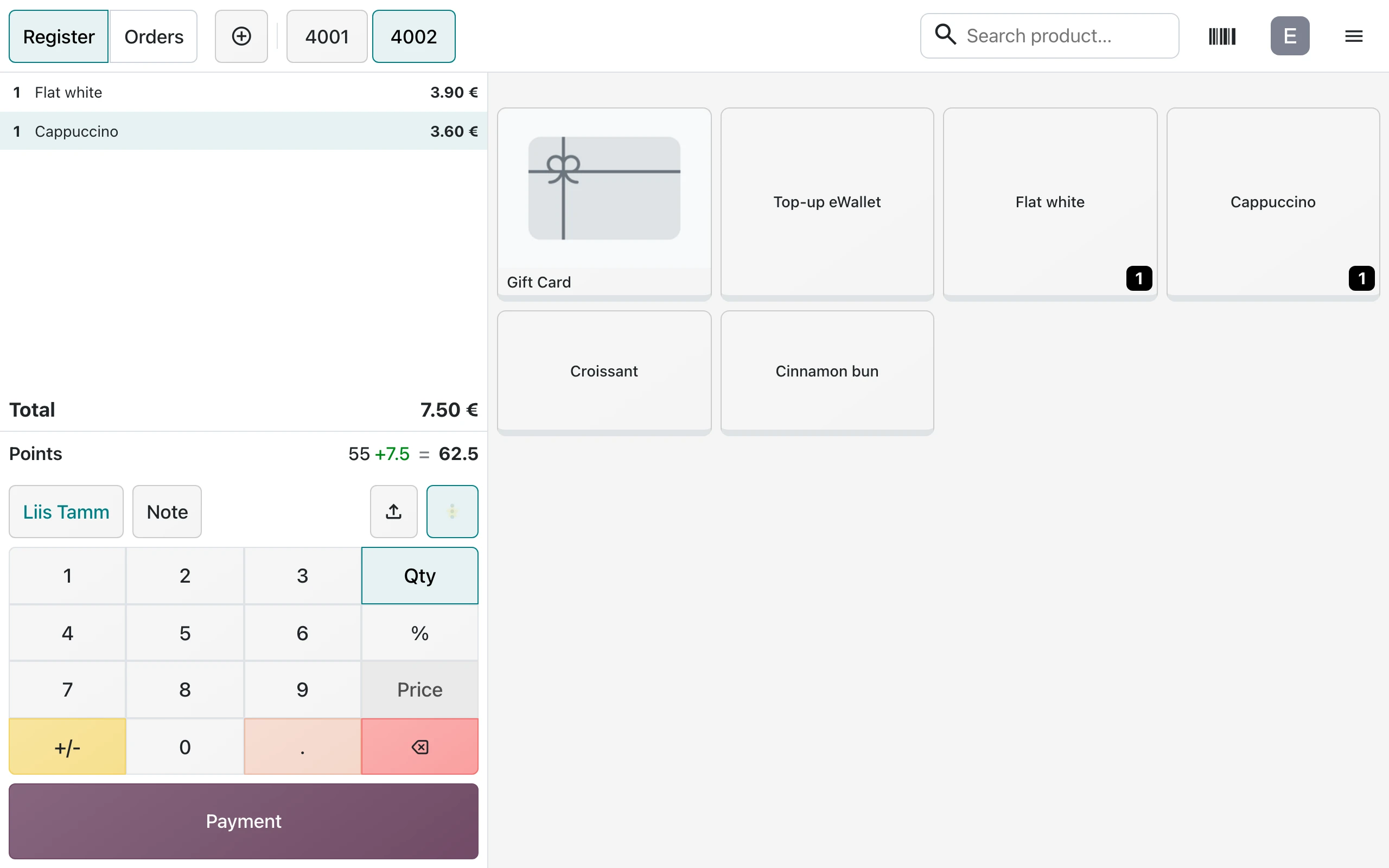 POS order with the customer selected