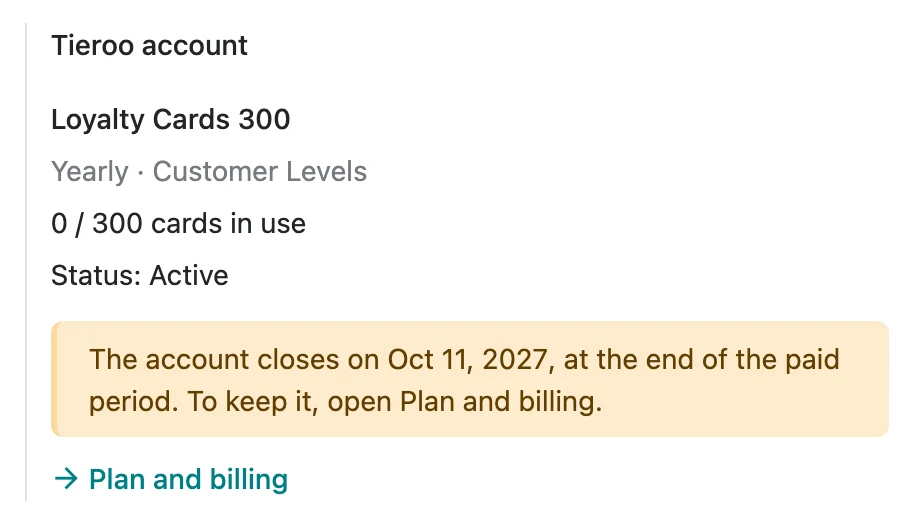 Settings, Tieroo, the account closes on a date