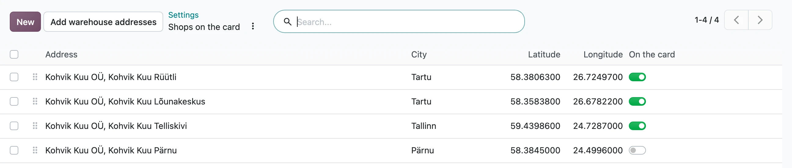 Shops on the card list in Settings