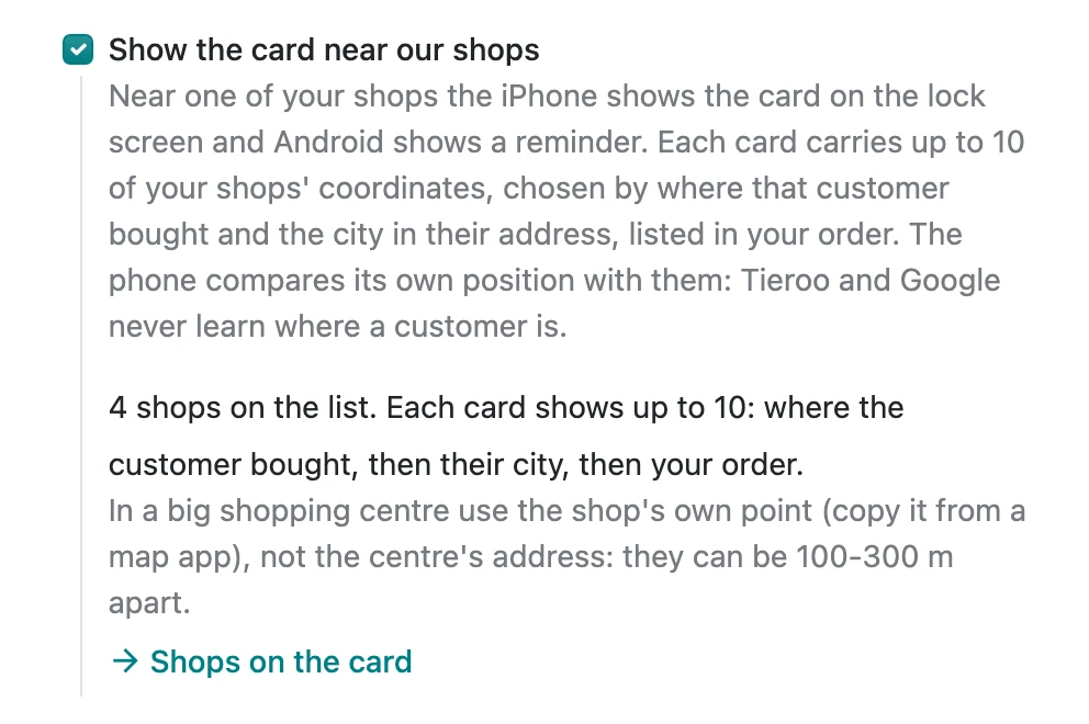 Show the card near our shops