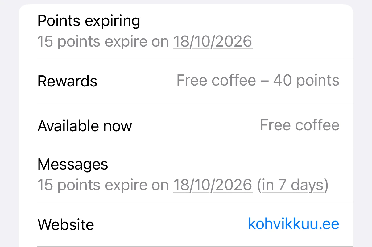 The back of the card with points expiring and Messages